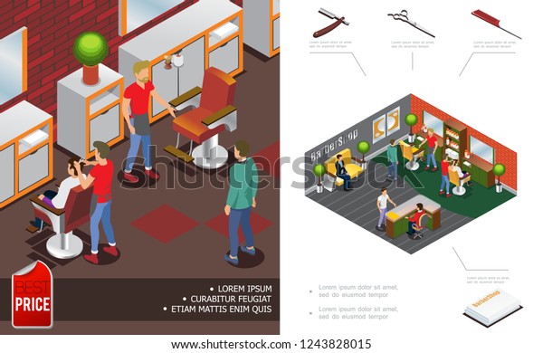 Isometric Trendy Barber Shop Concept Hairdressers Stock Vector