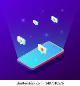 Isometric Trendy gradient vector illustration of like icon app interface element floating out of smartphone. Lots of likes in social media,  graphic concept of social media obsession and addiction