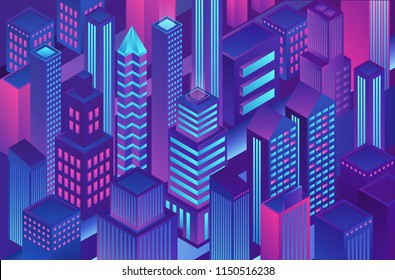 Isometric trendy violet blue gradient color city template illustration of cryptography, online electronic finance and secure banking.