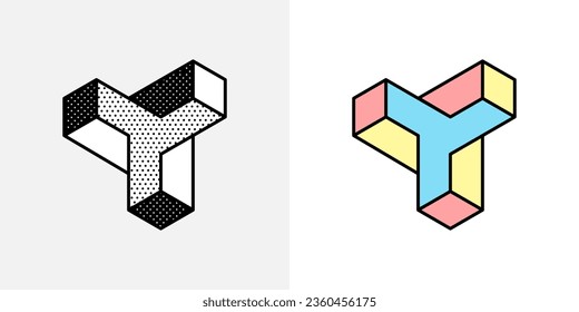 Isometric triangle logo. Optical illusion sign. Retro 3D icons set with black and white polka dots and colored options. Vector impossible shape for halftone label, crypto company, vintage posters.