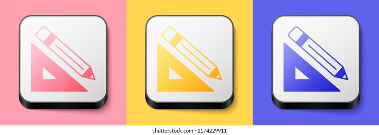 Isometric Triangular ruler and pencil icon isolated on pink, yellow and blue background. Straightedge symbol. Drawing and educational tools. Square button. Vector