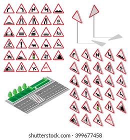 Isometric Triangular Warning Hazard Symbol, Highly detailed set, fully editable Traffic-Road Warning Danger Icon Collection