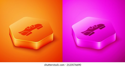 Isometric Triathlon cycling shoes icon isolated on orange and pink background. Sport shoes, bicycle shoes. Hexagon button. Vector