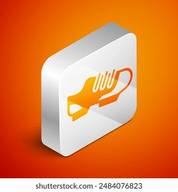 Isometric Triathlon cycling shoes icon isolated on orange background. Sport shoes, bicycle shoes. Silver square button. Vector