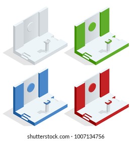 Isometric Tribune Set Vector. Podium Rostrum Stand With Microphones. Business Presentation Or Conference, Debate Speech Isolated