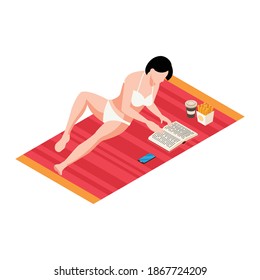 Isometric trip composition with female character lying in the sun reading book vector illustration