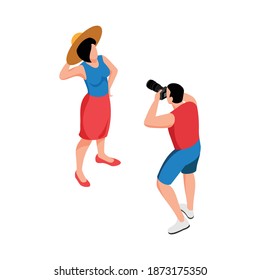 Isometric trip composition of man with camera taking photo of woman vector illustration
