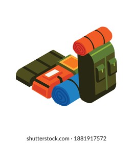 Composición de viaje isométrica con conjunto de mochilas con esteras en la ilustración vectorial de fondo en blanco