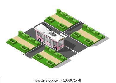 Isometric trolley bus isolated vector illustration, on the road, with lawn and flower beds on the roadside