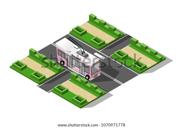 Isometric trolley bus\
isolated vector illustration, on the road, with lawn and flower\
beds on the roadside