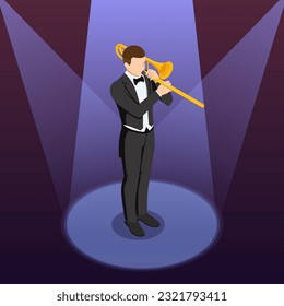 Isometric trombone orchestra brass instrument. Male musician playing a trombone