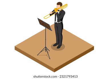 Isometric trombone orchestra brass instrument. Male musician playing a trombone