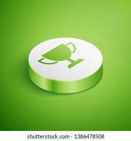 Isometric Trophy cup icon isolated on green background. Award symbol. Champion cup icon. White circle button. Vector Illustration