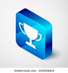 Isometric Trophy cup icon isolated on white background. Award symbol. Champion cup icon. Blue square button. Vector Illustration