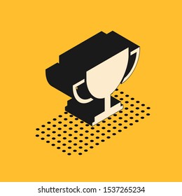 Isometric Trophy cup icon isolated on yellow background. Award symbol. Champion cup icon.  Vector Illustration