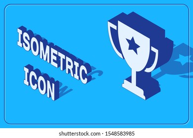 Isometric Trophy cup icon isolated on blue background. Award symbol. Champion cup icon.  Vector Illustration