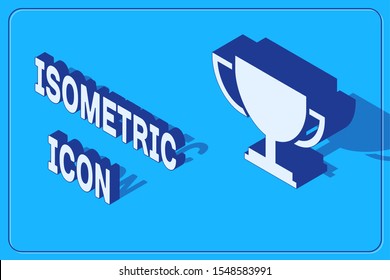 Isometric Trophy cup icon isolated on blue background. Award symbol. Champion cup icon.  Vector Illustration