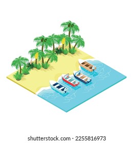Isometric tropical beach with beautiful blue sea, evergreen palm trees and four different pleasure boats. vector illustration isolated on white background.