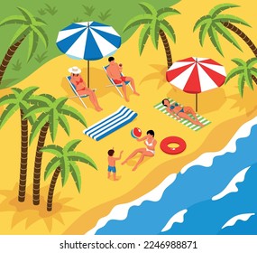 Isometric tropical beach landscape with palms and people relaxing in lounges mum playing ball with kid 3d vector illustration