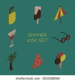 isometric tropical icon set with pineapple, popsicle, sun umbrella, sunglasses, icecream, watermelon, palm tree, fresh cocktail. Summer vacation symbols. Vector illustration.