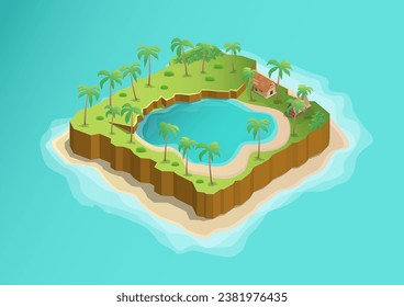 isla tropical isométrica con hermoso lago en el medio