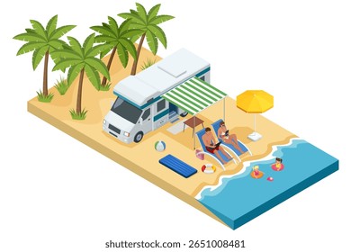 Isometric Tropical island with a camper trailer, palm trees, deck chairs, beach ball, lifebuoy, and orange flag. Family on vacation in summer on the beach, children swimming. Summer vacation
