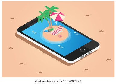 Isometric tropical island on mobile phone or tablet. Summer travel and vacation concept with smartphone, vector illustration - Vector