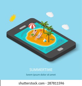 Isometric tropical island on mobile phone or tablet. Summer travel and vacation concept with smartphone, vector illustration