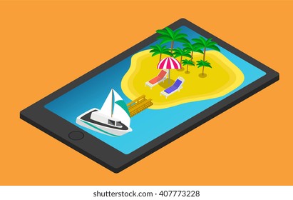 Isometric tropical island on mobile phone or tablet. Summer travel concept