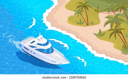 Isometric tropical island and white boat at the beach vector illustration