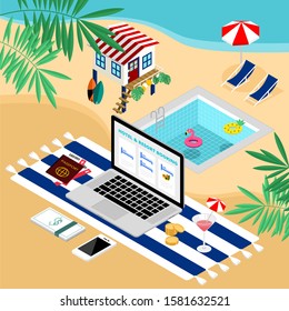 Isometric tropical summer e-commerce online hotel and resort booking with laptop on the beach