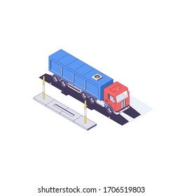 Isometric truck cargo transport auto and scales. Transportation delivery and logistic car vector illustration. 3d trucks vehicles and trailer isolated on white background for logistic service concept