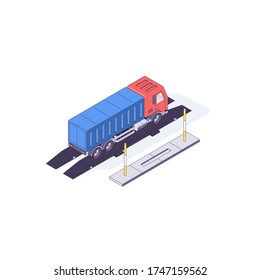 Isometric truck cargo transport auto and scales. Transportation delivery and shipping car vector illustration. 3d trucks vehicles and trailer isolated on white background for logistic service concept