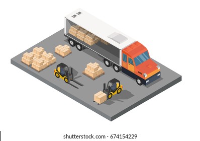 Isometric truck delivery loading logistic goods background