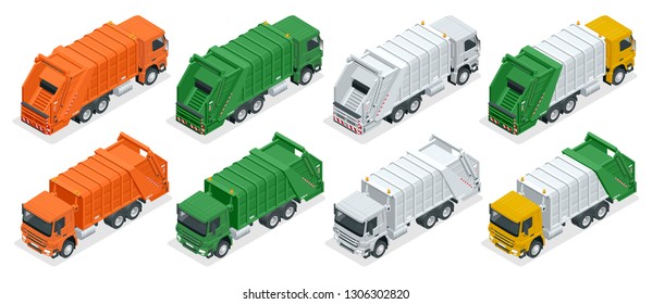 Isometric Truck Dumpster. Garbage Recycling And Utilization Equipment. City Waste Recycling Concept With Garbage Truck.