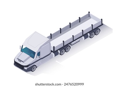 Isometric truck icon. Commercial car with trailer for logistics, cargo delivery and shipping. Vehicle for global trade and distribution. 3D vector illustration isolated on white background