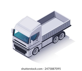 Icono de camión isométrico. Camión volquete o volquete vacío con contenedor o remolque para entrega de carga. Transporte de mercancías o vehículo logístico. Ilustración vectorial 3D de dibujos animados aislada sobre fondo blanco