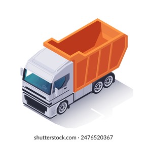 Isometric truck icon. Freight transport with container or tipper for logistics in construction industry. Vehicle for cargo delivery. 3D vector illustration isolated on white background