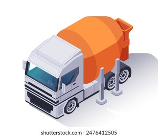 Icono de camión isométrico. Vehículo de Industrial con hormigonera para la construcción. Transporte para entrega de carga. Coche con remolque. Ilustración vectorial 3D aislada sobre fondo blanco