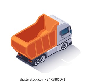 Isometric truck icon. Rear view of dump truck with empty container or semi trailer. Vehicle for delivering goods in construction industry. Cartoon 3D vector illustration isolated on white background