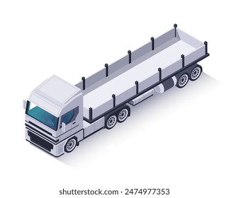 Isometric truck icon. Side view of freight transport for cargo delivery, shipping and global trade. Commercial vehicle with semi trailer. Cartoon 3D vector illustration isolated on white background