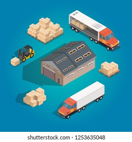 Isometric truck infographics low poly warehouse exterior  with delivery illustration logistic concept export 