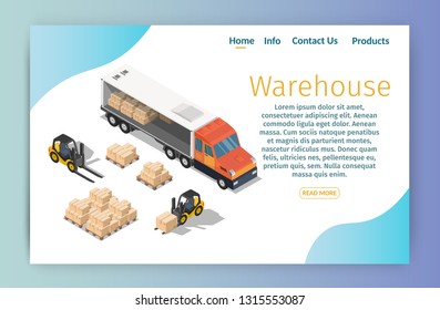 Isometric truck infographics low poly warehouse exterior  with delivery illustration logistic concept export  banner