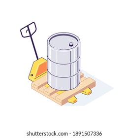 Isometric truck pallet with barrels. 3d pallets cargo goods fuel benzin petrol gas and combustible vector illustration. Flat metal barrel metallic cask roll design concept