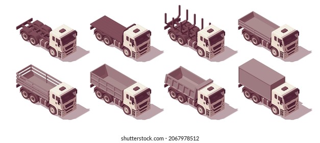 Isometric truck set. Set of different body types trucks. Vector illustration. Collection