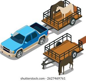 Isometric truck towing caged trailer with horse