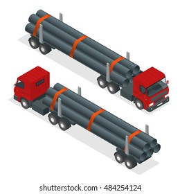  Isometric Truck Tractor With Flatbed Trailer Hauling Pipe. Vector Infographic Element 