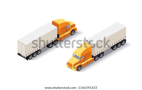 Isometric Truck trailer with goods. Cargo\
delivering vehicle on white background. Fast shipping tranport.\
Flat style\
illustration