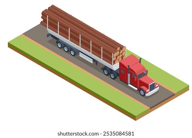 Caminhão isométrico com reboque carregado com troncos de árvore. poderoso caminhão de cabina dia grande plataforma está transportando um pacote de toras em um reboque especializado ao longo da estrada.