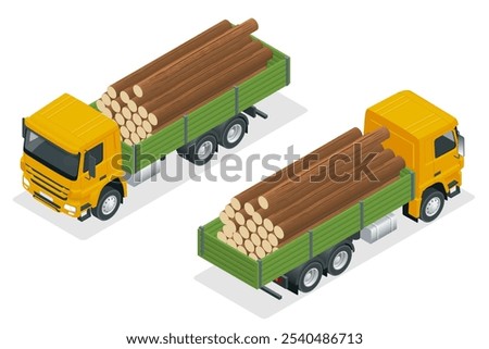 Isometric Truck with trailer loaded with tree trunks. powerful big rig day cab semi-truck is transporting a bundle of logs on a specialized trailer down the road.